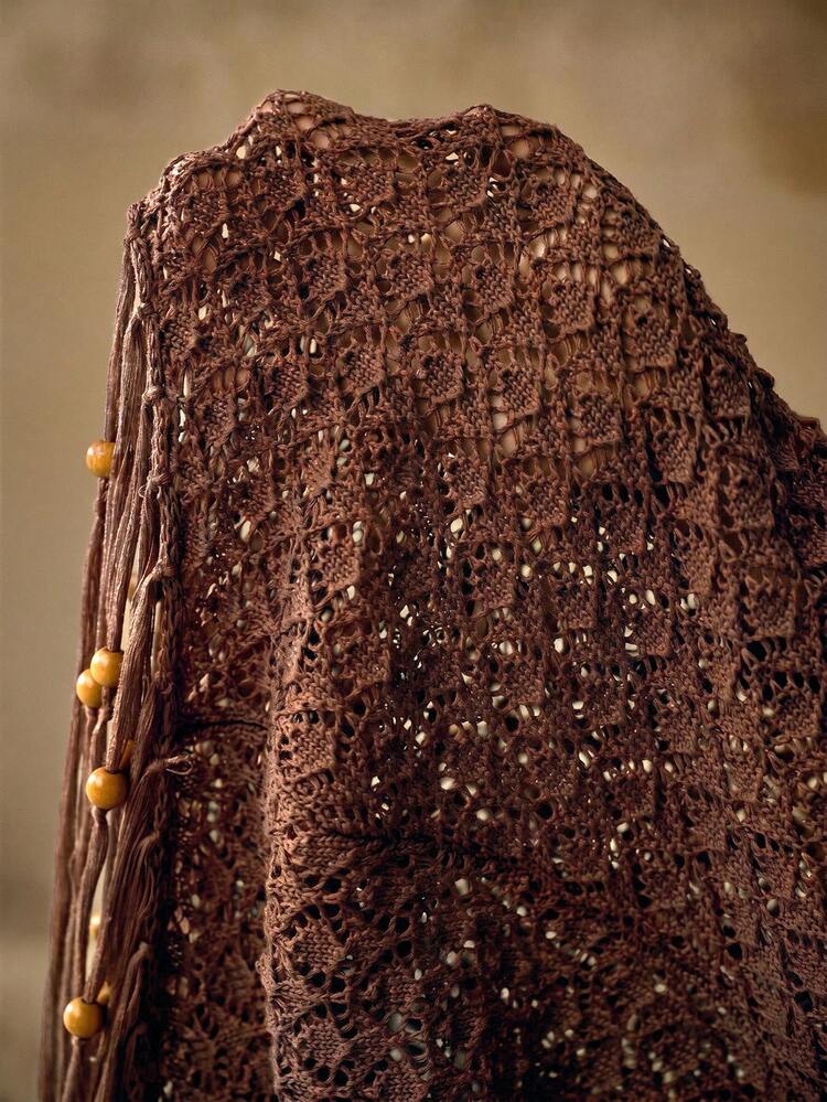 TEXTURED ASYMMETRIC HEM TASSEL BEAD DECOR EASY VACATION BOHEMIAN SWIMWEAR COVER-UP DRESS