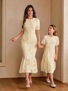 Anewsta Summer Blue Hollow Puff Sleeve Midi/Dress For Older Children - Yellow - View 1