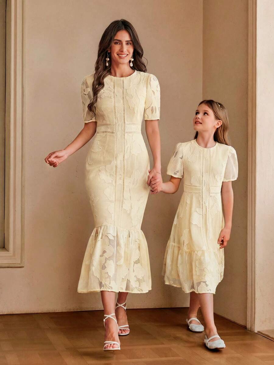 Anewsta Summer Blue Hollow Puff Sleeve Midi/Dress For Older Children - Yellow - View 1