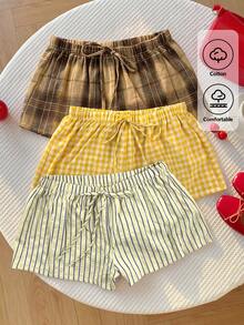 Comfortcana Women's Summer Casual Plaid & Striped Shorts 3pcs Set - Multicolor - View 3