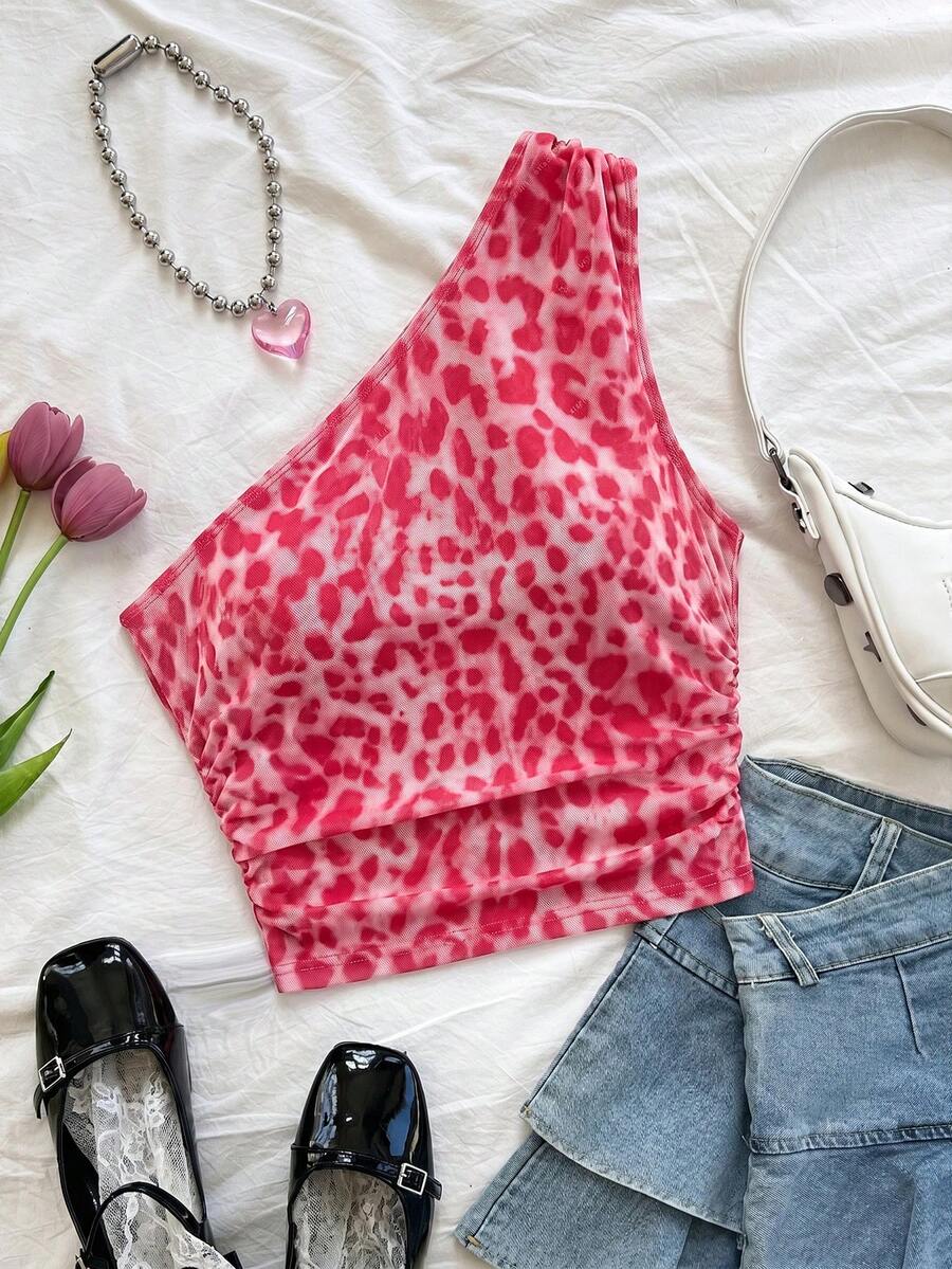 Soleia Top sexy casual de un hombro con fruncido y estampado de leopardo - Rosa - Ver 1