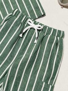SHEIN 2 buc./set Set de cămașă cu mânecă scurtă și guleră cu dungi albastru-alb și pantaloni lungi, confortabil, casual și versatil, pentru bebeluși băieți și fete, potrivit pentru primăvară și vară, interior, exterior, uz zilnic, sport, joacă, petreceri, fotografii, vacanțe și sărbători - Multicolor - Vizualizare 9