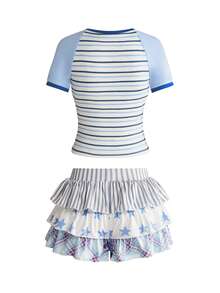 ROMWE Kawaii Bộ 2 món váy cạp thấp in hình khóa Sol Y2K dành cho nữ - Màu xanh lam - Xem 2