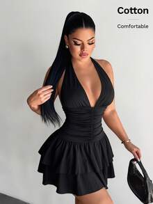 SHEIN SXY 女款素色掛脖百褶時尚約會派對迷你洋裝 - 黑色 - 查看 6