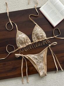Costavie Swim Bonvoyette 2件組 春夏海灘度假亮片紋理面料金色閃亮水晶流蘇掛脖三角比基尼上衣與側綁比基尼褲性感比基尼套裝 - 金色 - 查看 4
