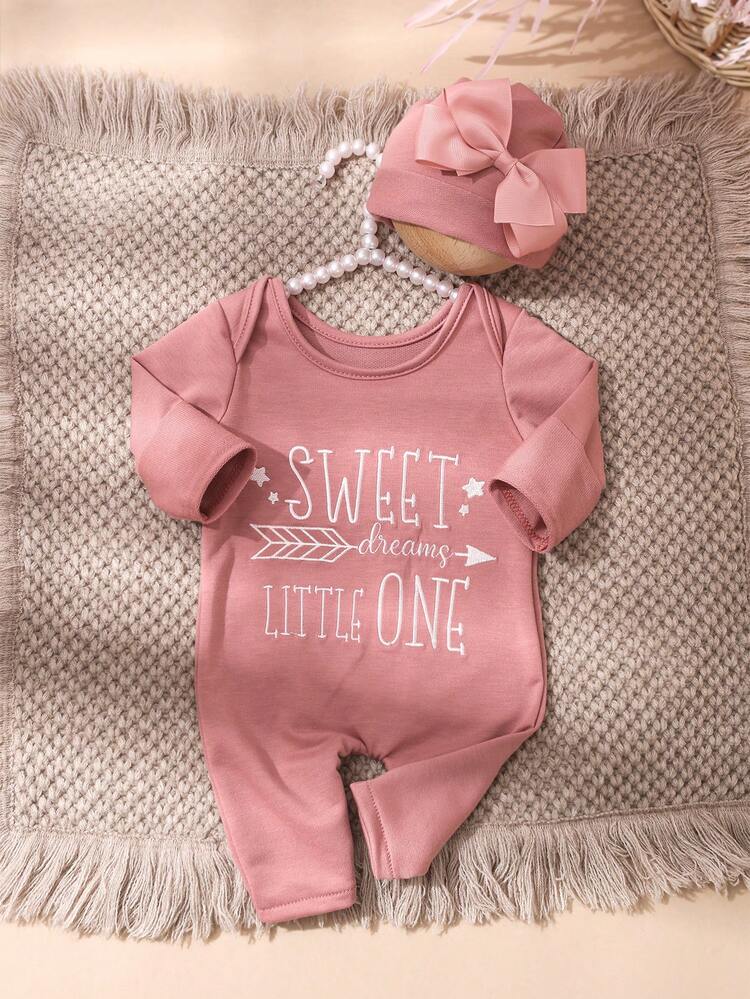 SHEIN Bộ 2 món trang phục chụp ảnh cho bé gái sơ sinh, jumpsuit thêu kèm mũ nơ, màu xanh bụi, phong cách công chúa hài hước đồ họa, phối gia đình cho đám cưới, mùa thu, 0-3M - Bụi hồng - Xem 2