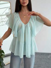 Aloruh Deep V-Neck Romantic Ruffle Trim Blouse,Summer Top - Green - View 8