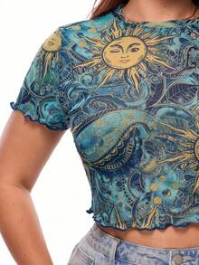 Solavibe Plus Size Women's All-Over Print Casual Versatile Daily Wear Short Sleeve Top - Blue - View 7