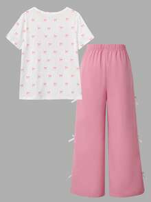 SHEIN 2pcs Set Girls' Casual Bow Print Short Sleeve T-Shirt And Solid Color Ribbon Bow Long Pants, Slim Fit, Suitable For Summer Travel, Vacation, School And Other Outings - Pink - View 2