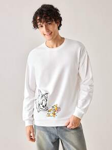 Strevion TOM & JERRY 男士休闲汤姆和杰瑞字母印花圆领长袖卫衣，春秋季 - 白色 - 查看 4