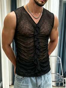 Manfinity Dauomo Men's Summer Slim Fit Sexy Rave Sheer Ruched Vest Party Black - Black - View 2