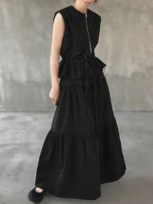 FRIFUL Women's Summer Casual Drawstring Waist Vest & Skirt 2 Pieces Set - Black - View 4