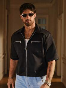 SIGLOCORE Men's Summer Minimalist Fashion Solid Color Zipper Design Shirt - Black - View 3