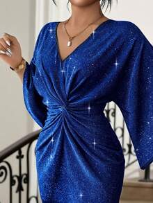 SHEIN Lady Plus Size Women's Glitter Twist Waist Flare Sleeve Elegant Sexy Dress Royal Blue Dress Cocktail Autumn Fall Evening Evening - Navy Blue - View 5