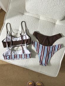 Swim Mod Ensemble de maillot de bain pour femmes minimaliste premium couleur café + imprimé rayé Ensemble vacances à la plage style décontracté polyvalent Maillot de bain pour femmes - Multicolore - Voir 2