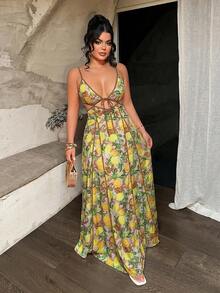 SHEIN SXY Beach Vacation Vacation Lemon Print Hollow Out Backless Spaghetti Strap Dress Beige Summer Tropical - Yellow - View 3