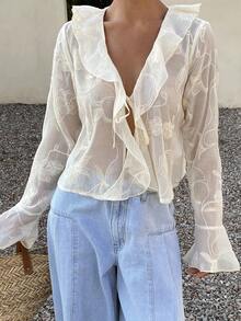 Livesso Apricot V-Neck Tie Waist Textured Fabric Women Shirt - Apricot - View 4