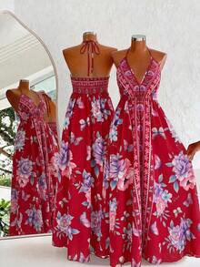 Flirla Bohemian Style Printed Beach Slip Dress - Red - View 1