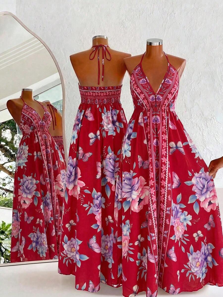 Flirla Bohemian Style Printed Beach Slip Dress - Red - View 1