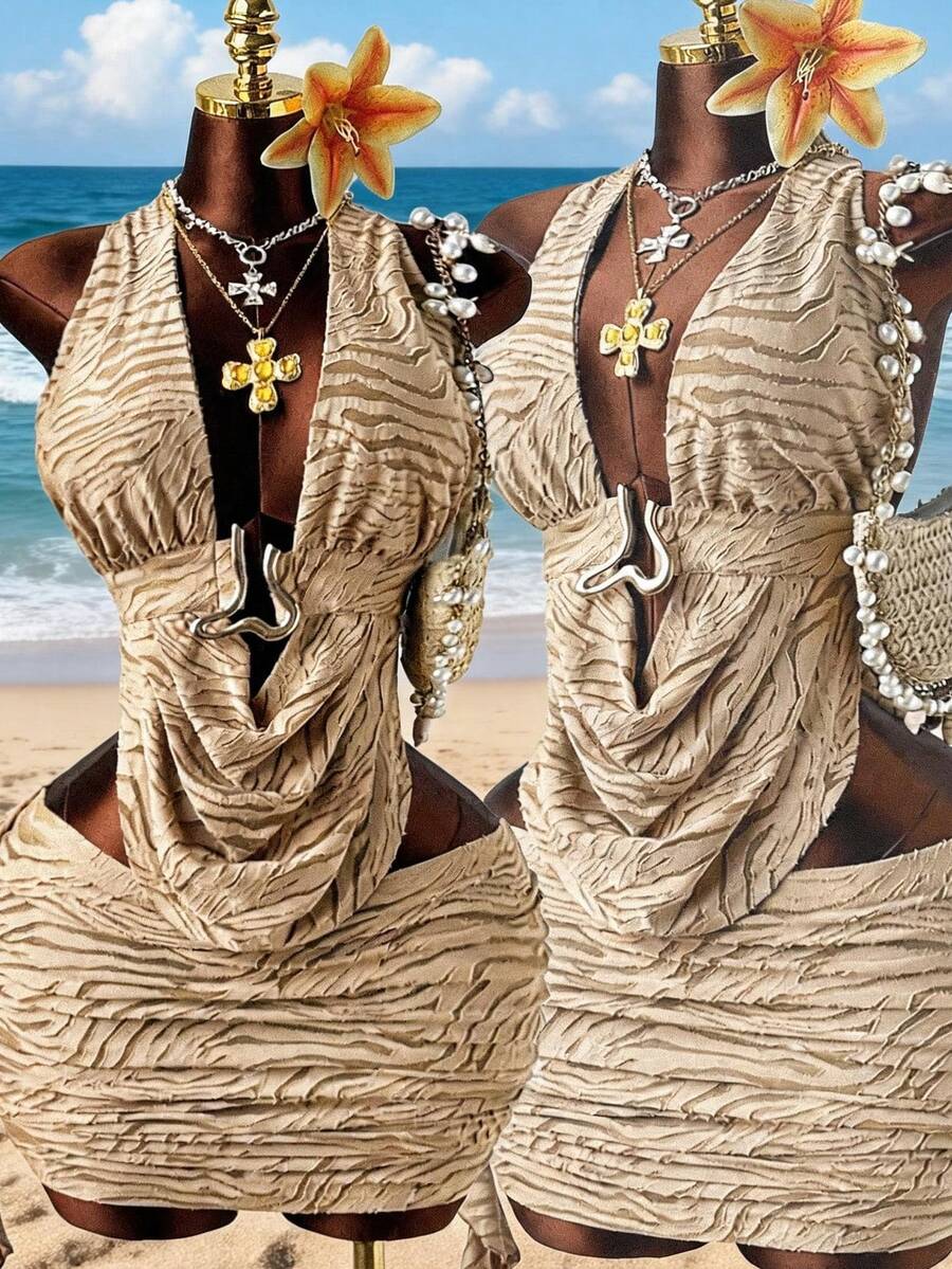 Sunspun Plus Size Women's Jacquard Plunging Neck Halter Top And Mini Skirt Sexy 2-Piece Set Beach Khaki Summer - Mocha Brown - View 1