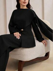 Veilorie Plus Size 2 Pieces Set Elegant Solid Color Metal Decor Shawl Ribbon Design Top And Long Pants Fall - Black - View 8
