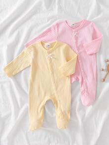 2 piezas Conjunto para recién nacido, Algodón acanalado con lazo 3D, Cierre de botones de presión de manga larga, Tela suave, Primavera/Otoño, Unisex - Multicolor - Ver 4
