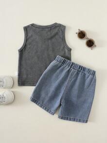 SHEIN 2件/組 男嬰夏季休閒字母印花背心 & 牛仔短褲套裝，牛仔套裝，背心套裝 - 彩色 - 查看 2