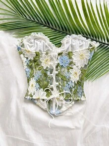 Soleia 女款夏季甜美提花蕾絲拼接骨架式抹胸上衣 - 彩色 - 查看 2
