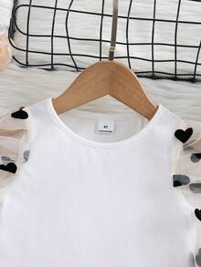 Young Girl Solid Color Round Neck Contrast Mesh Gigot Sleeve Casual T-Shirt - White - View 3