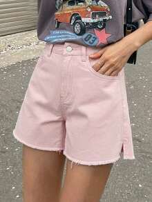 DAZY Summer Casual Washed Frayed Hem Denim Shorts - Pink - View 5