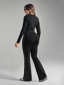 Breezaya 大码女式黑白圆领长袖瑜伽运动服 - 黑與白 - 查看 2