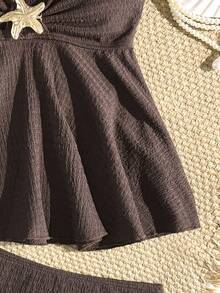 SHEIN Tween Girl Solid Color Metal Decor Halter Neck Tie Tankini And Triangle Bottoms Two-Piece Swimsuit Set Suitable For Summer Vacation Beach - Brown - View 5