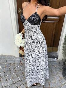 Vestido largo con estampado de lunares negros, encaje, escote en V, cuello halter, espalda descubierta, cintura con lazo, para mujer, primavera/verano, elegante, vacaciones - Blanco - Ver 6