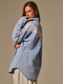 Athîral Denim 女款蕾絲拼接休閒牛仔上衣 - 淺色水洗藍 - 查看 2