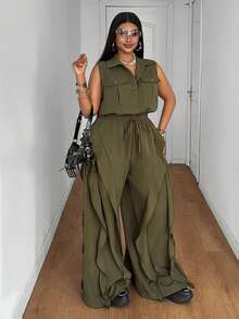 Maweii Plus Size Lapel Button Sleeveless Ruffle Loose Jumpsuit Suitable For Daily Wear - Army Green - View 3
