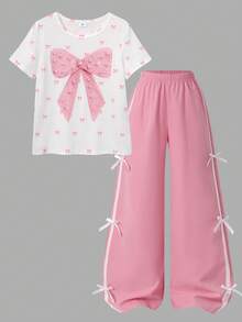 SHEIN 2pcs Set Girls' Casual Bow Print Short Sleeve T-Shirt And Solid Color Ribbon Bow Long Pants, Slim Fit, Suitable For Summer Travel, Vacation, School And Other Outings - Pink - View 7