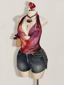 SHEIN ICON Plus Size 2pcs Summer Going Out Beach Hawaii Party Homecoming Concert Club Glitter Backless Women Tank Tops & Camis - Red Violet - View 5