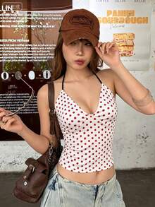 INAWLY 女款時尚法式波點印花短版掛脖綁帶背心上衣 - 彩色 - 查看 4