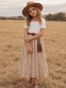 Emery Rose Kids Emery Rose Kids 少女夏季休閒可愛拼接碎花圓領短袖洋裝，海灘度假白色花卉 - 白色 - 查看 3