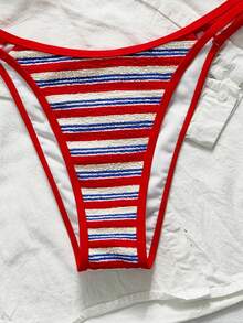 SHEIN Swim Women's 2 Pieces Swimwear Set, Special Fabric Patchwork, Lace-Up Back, Summer Holiday Beach Wear Red And White Striped Coastal - Multicolor - View 4