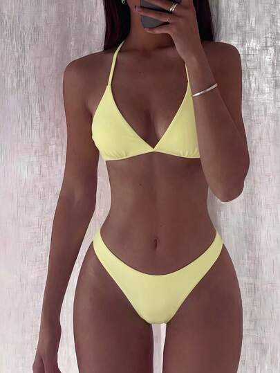 Swim Mod Spring/Summer 2-Piece Women's Beachwear Set, Fashionable Cute Sexy Vacation Beach Swim Pool Party Solid Color Ruffle Trim Thin Shoulder Strap Adjustable Triangle Top And Bikini Bottom Set