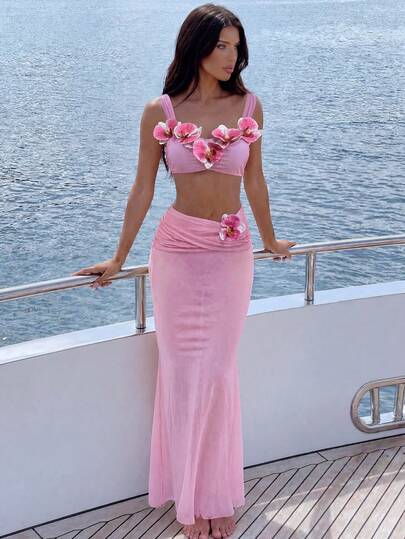 Bonvoyette Women's Spring/Summer Sexy Bandeau Solid Pink + 3D Floral Orchid Embellished Bikini Set For Lawn, Pool Party, Music Festival + Matching Pink Mesh Skirt