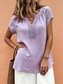 Linhara CURVE Plus-Size Women's Spring/Summer Fashion: Casual, Simple, And Versatile Retro Purple Solid-Color Pleated Design With Lace Trim Women's Shirt-Perfect For Spring And Summer Outfits - Purple - View 4
