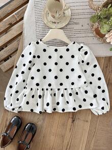 SHEIN Young Girl Polka Dot Print Bow Decor Shirt - Black and White - View 2
