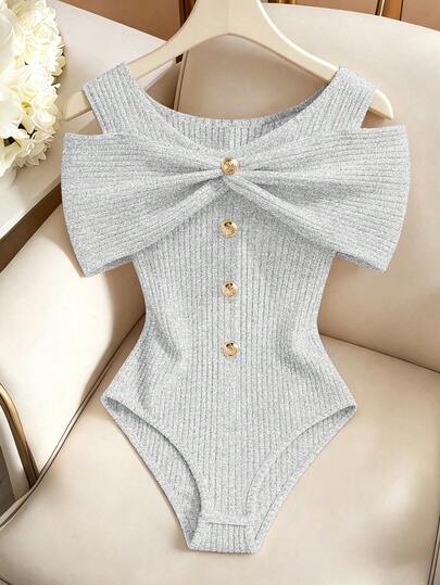 Franclia Fashionable New Minimalist Solid Color Round Neck Pleated Decor Button-Up Sleeveless Fitted Elegant Slimming Women's Bodysuit, Women's Bodysuit, Women's Beachwear, Women's Vacation Outfit, Women's Spring/Summer Bodysuit, Women's Sleeveless Top, Women's Casual Top, Women's Spring/Summer Outfit, Women's Inner Layer Bodysuit