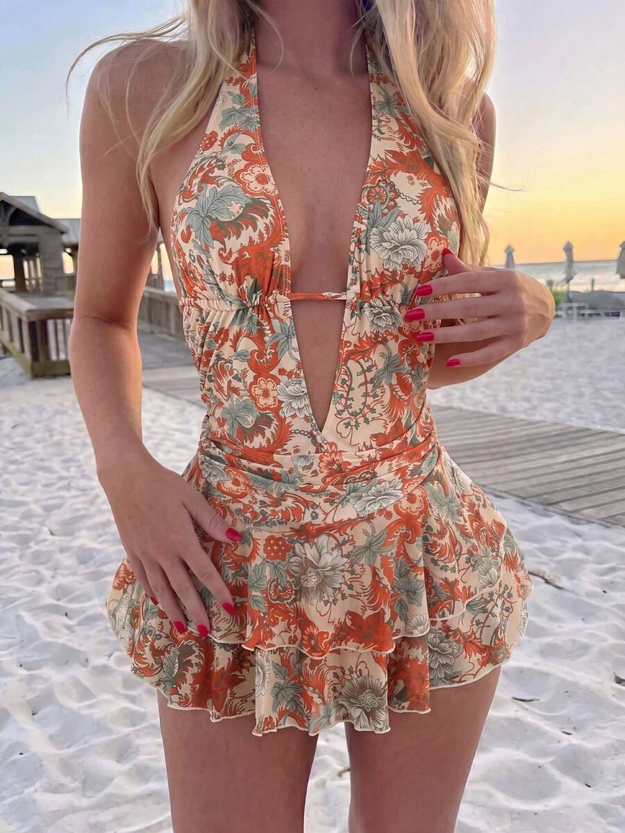 SHEIN Swim 新款波西米亚风印花露背吊带高级性感深V露背女士连体泳衣,适合春夏穿着,时尚百搭,是夏季海滩度假的完美之选。 - 橘色 - 查看 1