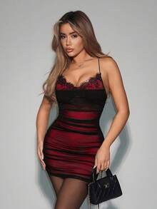SHEIN ICON 女款細肩帶蕾絲飾邊貼身性感迷你洋裝 - 彩色 - 查看 5