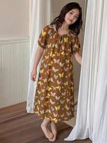 DAZY Round Neck Butterfly Pattern Short Sleeve Loose A-Line Maxi Dress For Tween Girls, Loungewear Summer - Brown - View 2