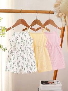 SHEIN Baby Girl Newborn 3-Pack Romper Set, Suitable For Summer, White, Pink, And Colorful Striped Three Different Colors Strap Rompers With Floral Print Pattern, Comfortable And Casual For Daily Play, Versatile And Cute, Basic And Suitable For All Occasions - Multicolor - View 2