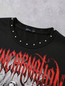 ROMWE MEN Street Life Men's Rivet Decor Print Short Sleeve T-Shirt Loose Fit - Black - View 2